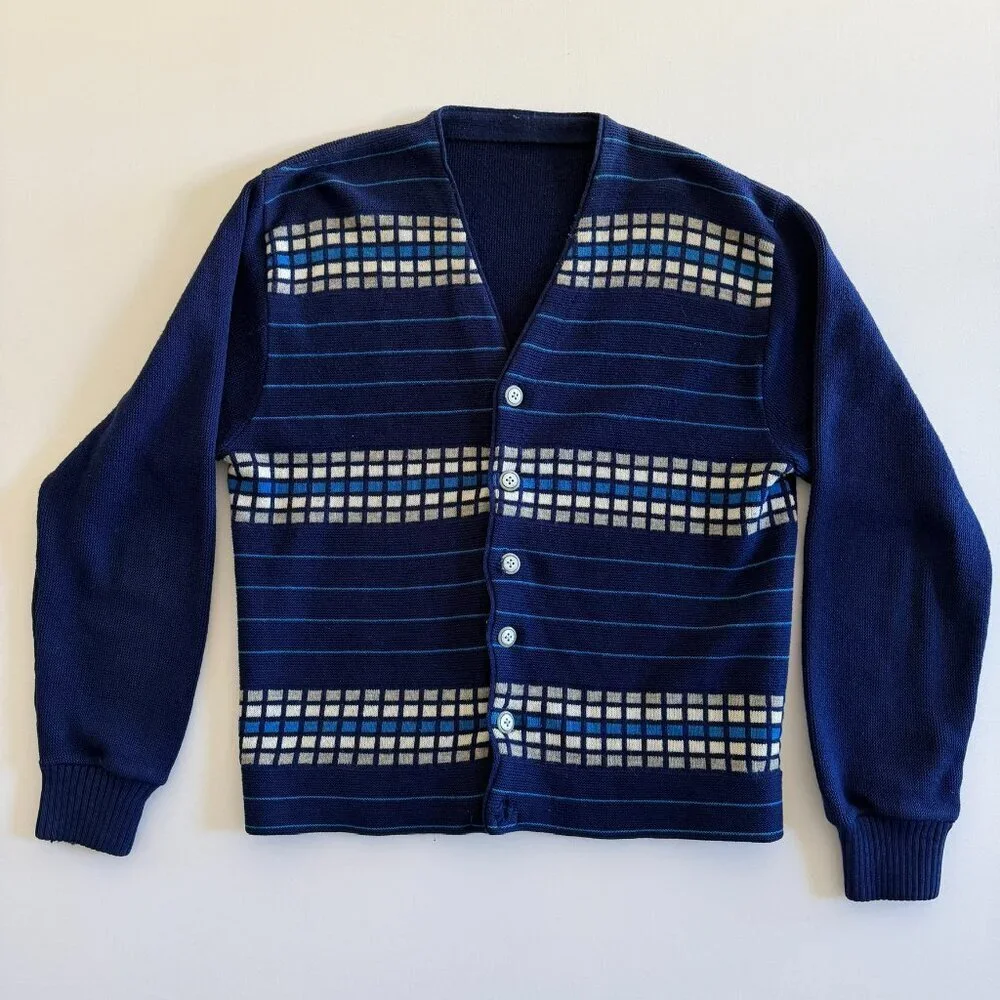 VINTAGE 70s Indie Grunge Grandpa Blue Stripe Cardigan Sweater M/L